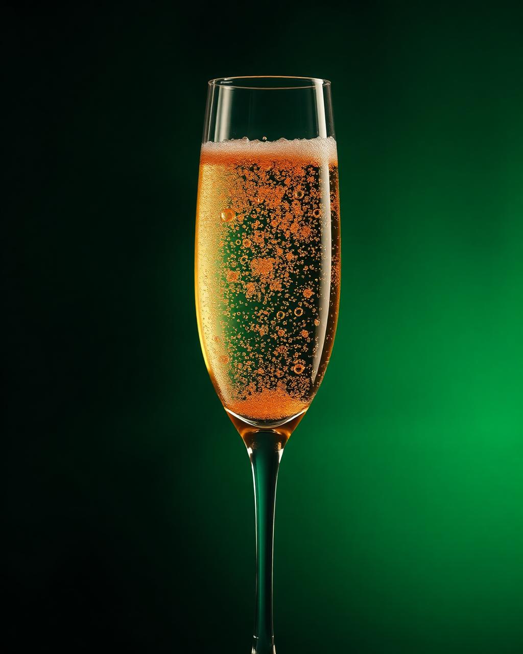 Golden effervescence rising in a crystal flute against emerald